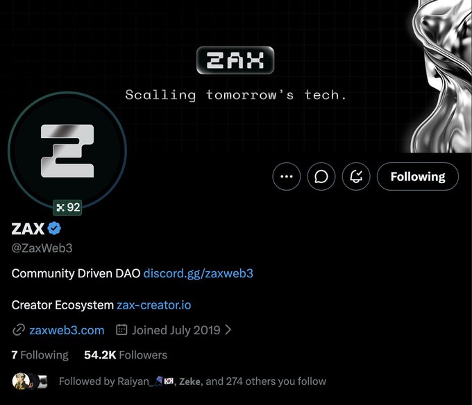 A Twitter/X profile page for 'ZAX' (@ZaxWeb3) with the tagline 'Scalling tomorrow's tech,' describing it as a 'Community Driven DAO' with links to discord.gg/zaxweb3 and zax-creator.io, showing 54.2K followers.