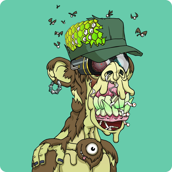 A grotesque cartoon illustration of a monstrous, decaying character wearing a green cap with multiple eyes on top, smoking a cigarette, and surrounded by flies.