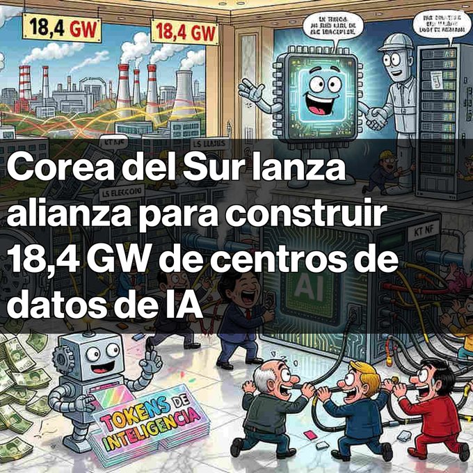 A cartoon-style image with Spanish text: 'Corea del Sur lanza alianza para construir 18,4 GW de centros de datos de IA,' depicting industrial facilities, AI servers, and politicians celebrating AI tokens.