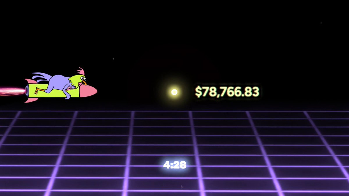 The image features a computer screen that displays a market called "bitcoin 5 minute pulse markets" which operates for five minutes starting from 4:20 PM. This market allows people to trade Bitcoin with a zero fee. There are three Bitcoin transactions currently going on, and one of them is worth $78,638.83. Another transaction is in progress, but its worth cannot be determined without more information. The remaining two transactions involve the characters "a purple chicken" riding in an airplane towards a green rocket that has a light at the top. These characters appear to be enjoying their journey through the Bitcoin market.