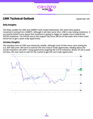 A 'LINK Technical Outlook' document dated September 6th displays a daily line chart and technical analysis text about LINK/USD reaching a yearly low.