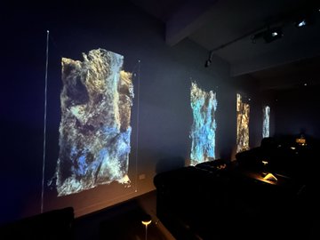 A dimly lit art gallery or museum room with multiple illuminated vertical panels displaying blue and green abstract ethereal projections along the walls.