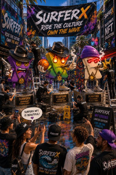 A vibrant promotional image for 'SURFERX' NFT collection featuring cartoon characters with sunglasses and hats, with text reading 'RIDE THE CULTURE OWN THE WAVE' and 'SURFERX NFT IS BEAUTIFUL!'