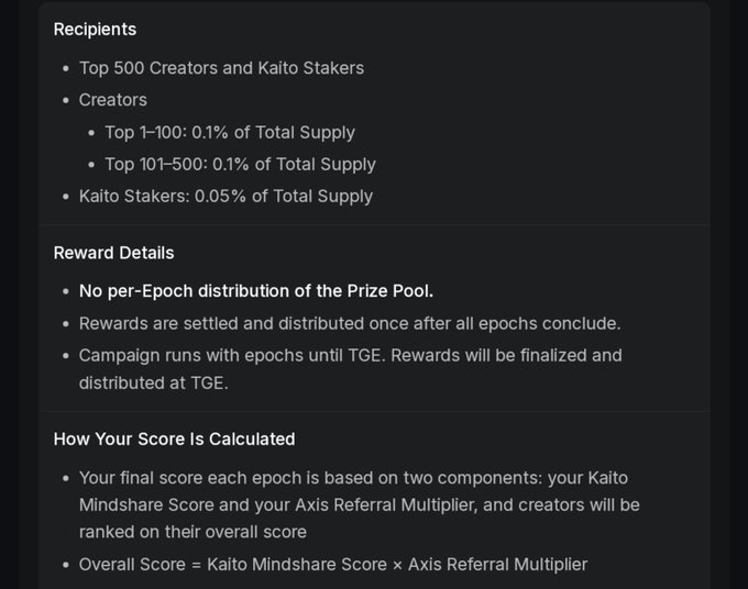 A dark-themed informational graphic outlines 'Recipients' and 'Reward Details', stating: 'Top 1–100: 0.1% of Total Supply', 'Top 101–500: 0.1% of Total Supply', and 'Kaito Stakers: 0.05% of Total Supply'.