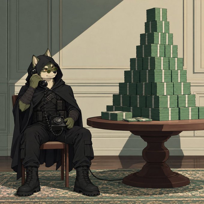 Anime-style illustration of a cat character dressed as a thief in a black hooded cloak, holding a rotary phone next to a large pyramid of money stacks.