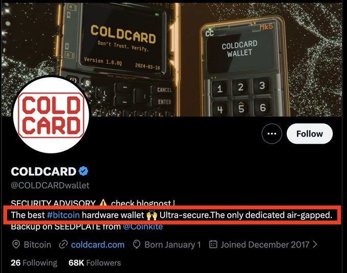 The image shows the Twitter/X profile of COLDCARD (@COLDCARDwallet), with the bio claim "The best #bitcoin hardware wallet 🏆 Ultra-secure. The only dedicated air-gapped" highlighted in red, alongside images of their Coldcard and Coldcard Mk4 hardware wallet devices.

The post mocks the irony of COLDCARD calling themselves "the best" and "ultra-secure" in light of a "SECURITY ADVISORY" partially visible at the top of their own bio.