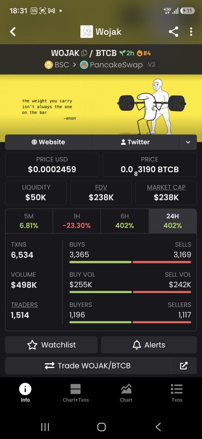 A screenshot of a cryptocurrency tracking app showing the WOJAK/BTCB token pair with a price of $0.0002459, market cap of $238K, and the Wojak 'do you even lift' meme at the top.