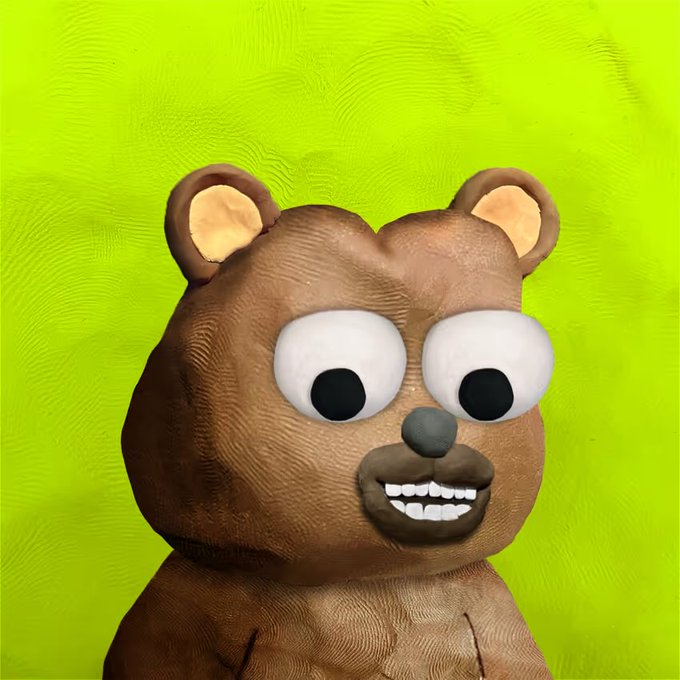A 3D-rendered cartoon brown bear with large white eyes and a wide toothy smile stands against a bright green background.