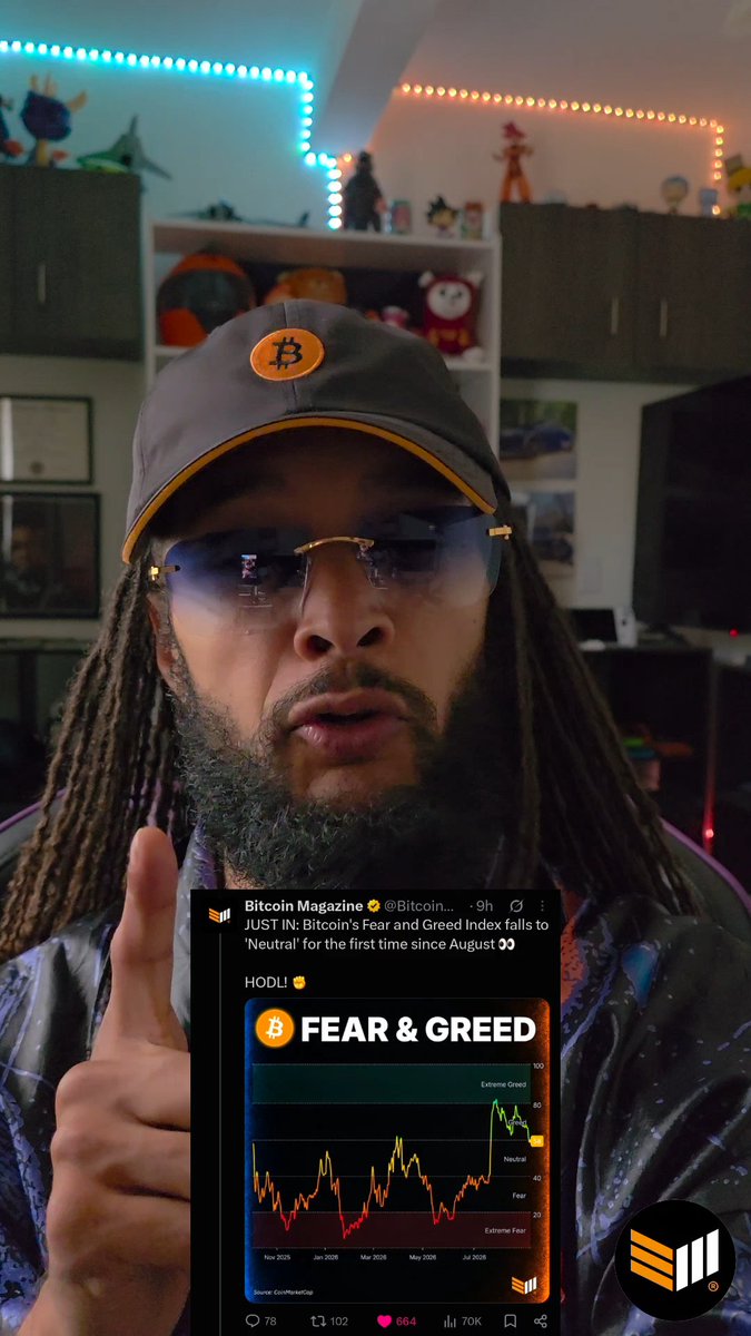 A man wearing a Bitcoin cap and sunglasses presents a Bitcoin Magazine tweet showing the Fear and Greed Index falling to 'Neutral' for the first time since August.