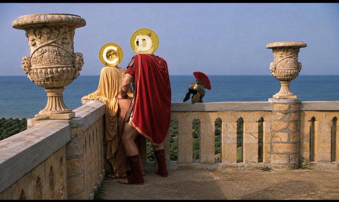 A parody of a classical painting showing figures dressed as Roman soldiers and Greek statues looking out over an ocean from a stone balcony, with emojis pasted over their faces.