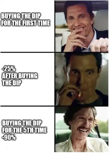 Meme using Matthew McConaughey faces depicting the stages of 'buying the dip': first time (-25%), fifth time (-90%), with progressively more distressed expressions.