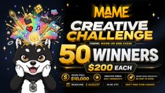 A promotional graphic for a 'MAME CREATIVE CHALLENGE' offering 50 winners $200 each, with a $25,000 total prize pool and a cartoon dog mascot.