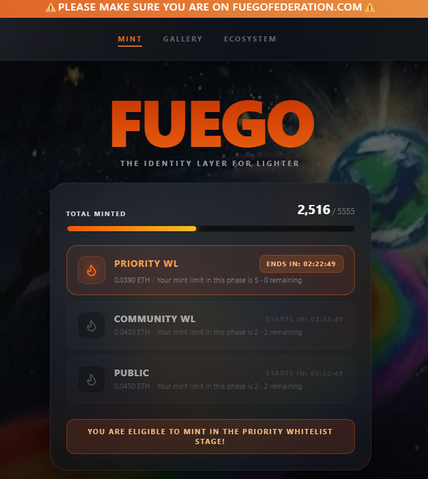 The image shows a "FUEGO - The Identity Layer for Lighter" NFT mint page displaying that 2,516 out of 5,555 total have been minted, with priority whitelist (0.0390 ETH), community whitelist (0.0420 ETH), and public (0.0450 ETH) minting stages listed, confirming the post's claim about rapid early adoption of the Fuego NFT collection.