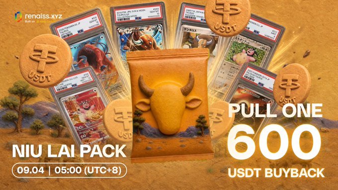 A promotional image for the "NIU LAI PACK" set to launch on 09.04 at 05:00 (UTC+8), featuring a golden bull-themed pack surrounded by six rare cards and USDT coins, highlighting the headline offer: "PULL ONE 600 USDT BUYBACK" to showcase the deal that any pulled card will be bought back for 600+ USDT, far above its ~50 USDT fair market value.