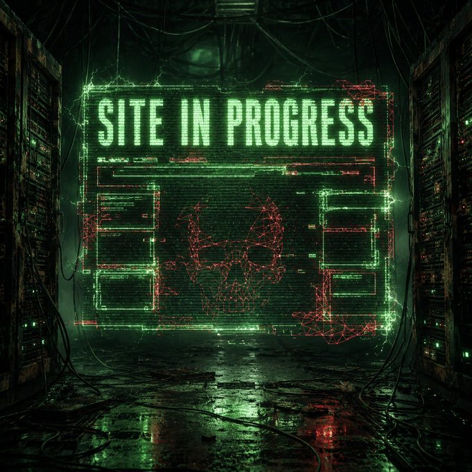 A cyberpunk-style digital display glows with green and red holographic elements, prominently featuring the text 'SITE IN PROGRESS' in a dark, industrial server room setting.