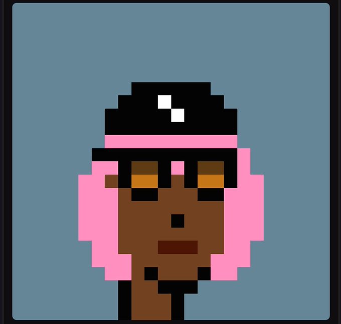 A pixel-art portrait of a person with brown skin, pink hair, a black beanie, and orange-tinted sunglasses against a gray background.