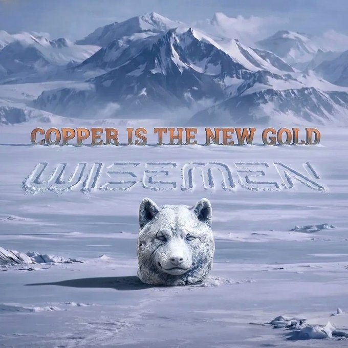 An artistic graphic with a snow-covered mountain landscape, a frozen leopard head, and the text 'COPPER IS THE NEW GOLD' and 'WISE MEN'.
