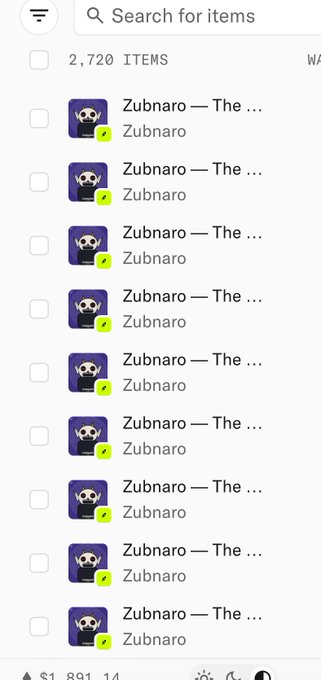The image shows a Spotify-style playlist or library view displaying 2,720 items, all titled "Zubnaro — The ..." with the same skull album artwork repeated down the list. This appears to reference a humorous "airdrop" where someone claims they'll airdrop tokens/items to winners, with "Zubnaro" likely being a playful misspelling of "Subnautica" or a similar reference.