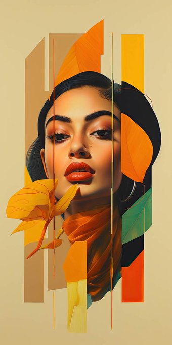 A stylized digital portrait of a woman with dark hair, bold red lips, and an orange headscarf, holding a yellow flower, rendered in warm tones with abstract geometric overlays. The artwork, titled "Belle Femme," complements the post announcing its 1/1 NFT mint on Solana via Exchange Art, with the link directing viewers to view or collect the piece.