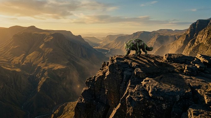 A scenic landscape showing a wolf standing on a rocky cliff edge, overlooking a deep, sunlit canyon with a river flowing through the valley below under a partly cloudy sky.