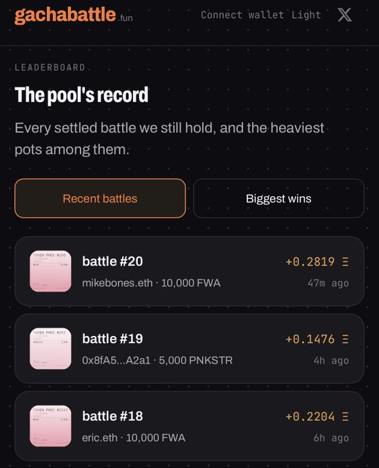 A screenshot of the gachabattle.fun leaderboard titled 'The pool's record,' listing recent battles (#18-#20) with bet amounts in FWA and PNKSTR tokens and corresponding winnings.