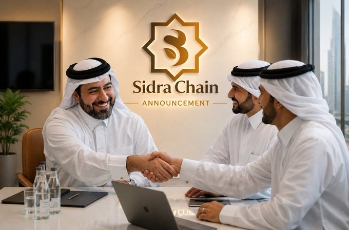 Three men in traditional Gulf attire (white thobes and ghutras) shake hands across a conference table in a modern office, with a prominent "Sidra Chain Announcement" logo and emblem displayed on the wall behind them, visually reinforcing the upcoming major news teased in the post.