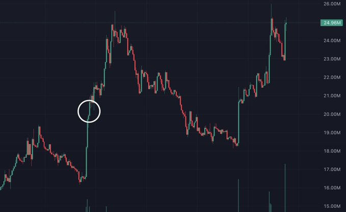 A candlestick chart showing a price surge circled in white around the 20M mark, with the current price displayed at 24.96M. The highlighted area marks the point where the poster mentioned buying $NEET, which subsequently climbed to a peak above 25M before pulling back.