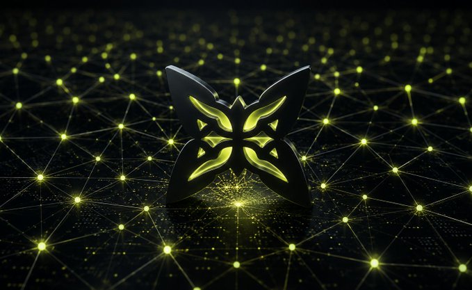 A 3D-rendered glowing yellow butterfly-shaped emblem resting on a dark surface illuminated by a network of interconnected glowing dots and lines.