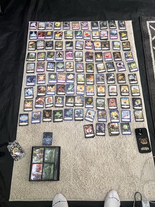 A large collection of trading cards, likely full-art Pokémon or similar collectible cards, is spread out on a beige carpet, with the person wearing white "PUMA" slides about to negotiate trades or sales. In the foreground, a separate binder holds additional cards, while a "dogs" phone case is visible on the right, setting the stage for an open call to collectors to send in their offers.