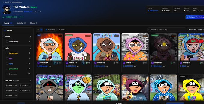A screenshot of an NFT marketplace shows a collection called 'The Writers' with various cartoon character avatars in hoodies, displaying filters for rarity such as 'Legendary' and 'Epic'.
