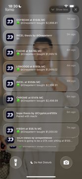 A mobile screenshot of a chat interface in a 'Kono' group showing multiple crypto token buy/sell notifications including $COREAI, $DICK, $CACHE, $LONGZEE, $PEPE, $CHOGE, and others at 18:30.