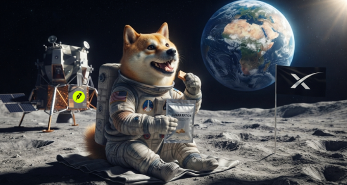 A Shiba Inu dog wearing an astronaut suit sits on the moon's surface eating from a 'SHIBA RATION' packet, with Earth visible in the background alongside a lunar lander and an XRP-branded flag.