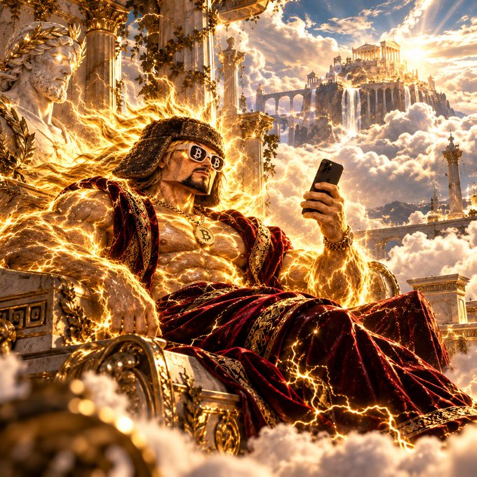 A vibrant AI-generated digital artwork depicting a muscular figure wearing sunglasses with 'BB' logos and a large 'B' necklace, draped in red fabric and engulfed in golden light, seated among classical Greek-style columns and clouds while holding a smartphone.