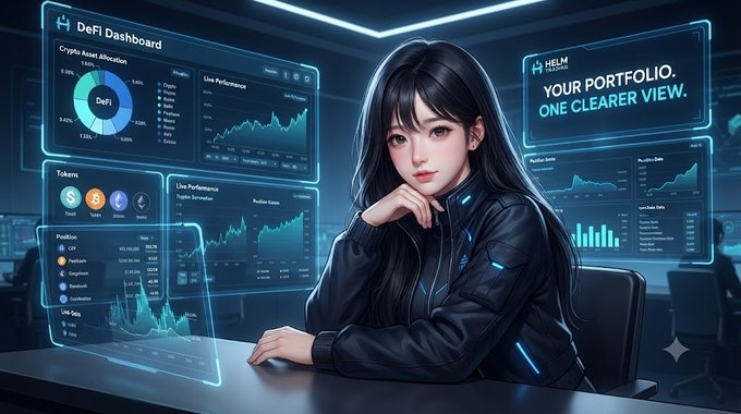 An anime-style illustration of a woman sitting at a desk in front of multiple glowing screens displaying a 'DeFi Dashboard' with crypto asset allocation, live performance charts, and the text 'HELM. YOUR PORTFOLIO. ONE CLEARER VIEW.'