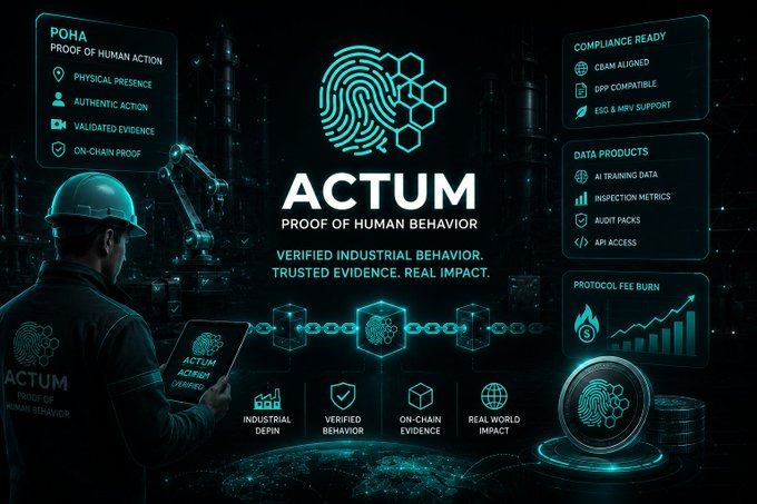 A promotional graphic for "ACTUM — Proof of Human Behavior" featuring a branded worker on the left, the central ACTUM logo with the tagline "Verified Industrial Behavior. Trusted Evidence. Real Impact," and side panels highlighting features such as PoHA (Proof of Human Action), compliance readiness, data products, and protocol fee burn, all tying into the post's focus on ACTUM Protocol's DePIN, blockchain, and AI integration for industrial compliance and infrastructure.