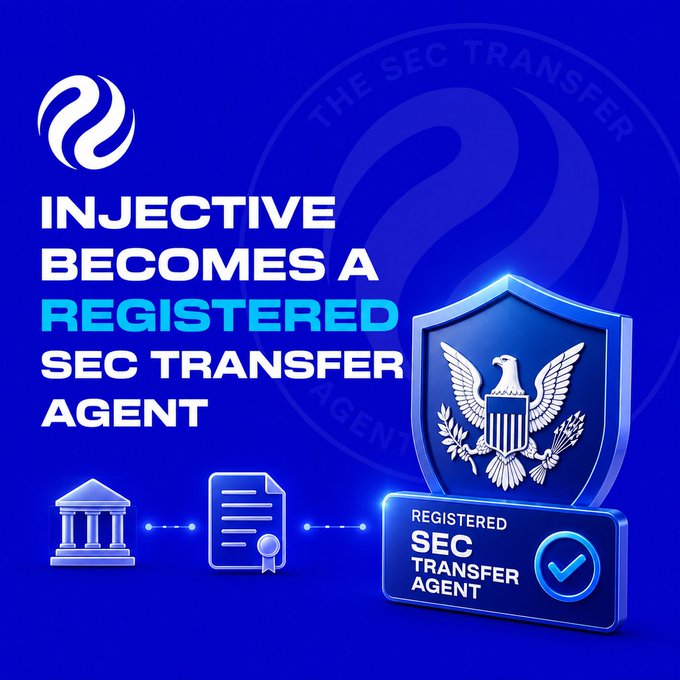 A promotional graphic announcing that Injective has become a Registered SEC Transfer Agent, featuring the Injective logo, a government eagle emblem, and certification icons on a blue background.