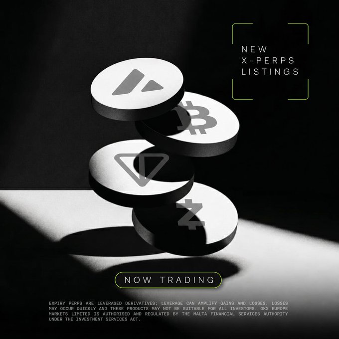 The image features a stack of four coins with different symbols on them, including a triangle, a square, a circle, and a hexagon. The text "NEW: Now trading" is written above the coins, indicating that this is an advertisement for a new type of cryptocurrency or trading platform. The post also mentions that it's about offshore ZEC perp trading and @OKX X-Perps listing services, which are regulated in Europe to protect consumers from potential risks associated with these platforms.
