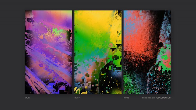 A digital artwork displaying three vertical glitch-art panels numbered #001, #087, and #093, featuring vibrant neon colors like pink, green, and red with pixelated distortion effects.