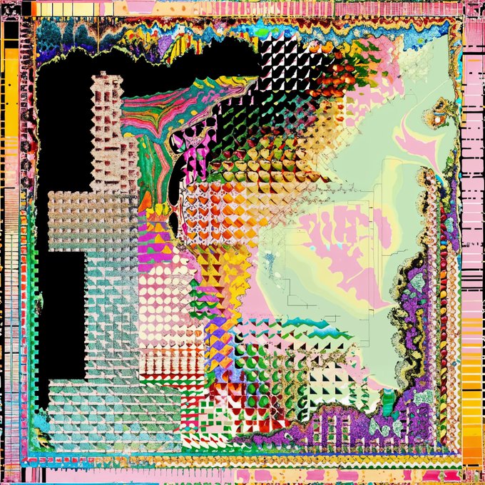 An abstract, colorful artwork features various geometric patterns, shapes, and vibrant colors including pink, green, yellow, and blue arranged in a complex, textured composition.