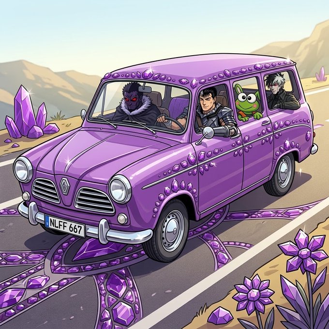 A digital illustration of a purple vintage Renault-style car decorated with purple gems, carrying anime characters and a green frog in a desert landscape.
