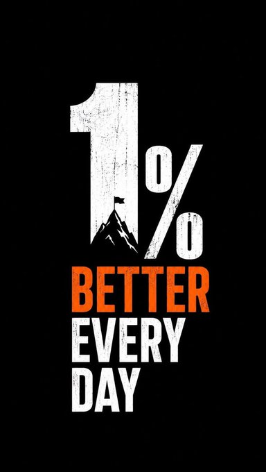 A motivational graphic with distressed typography on a black background reading '1% BETTER EVERY DAY' featuring a small mountain peak icon.