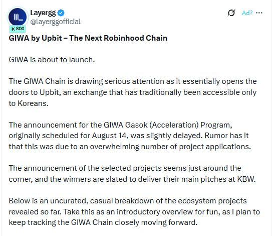 A tweet screenshot from Layer.gg (@layerggofficial) titled "GIWA by Upbit – The Next Robinhood Chain," discussing the upcoming GIWA Chain launch, the GIWA Gasok Acceleration Program, and ecosystem projects to be pitched at KBW.