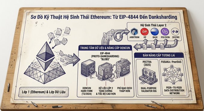 A Vietnamese-language technical diagram titled 'Sơ Đồ Kỹ Thuật Hệ Sinh Thái Ethereum' illustrating Ethereum's evolution from EIP-4844 to Danksharding, including Layer 2 solutions like Arbitrum, Optimism, Base, Polygon, and ZKSync.