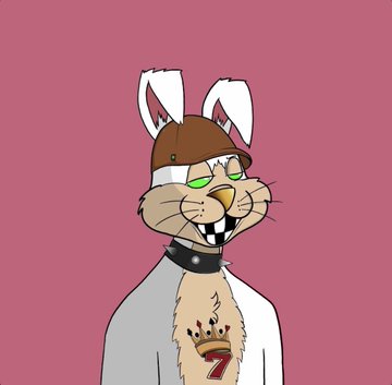 An animated anthropomorphic rabbit character wearing a brown cap, spiked collar, and white shirt with a '7' tattoo.