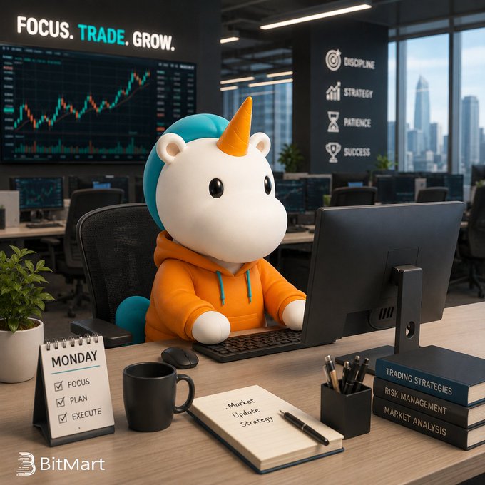A BitMart promotional image featuring a cartoon unicorn mascot in an orange hoodie at a trading desk, with the text 'FOCUS. TRADE. GROW.' and values like 'DISCIPLINE,' 'STRATEGY,' 'PATIENCE,' and 'SUCCESS' displayed on a monitor.