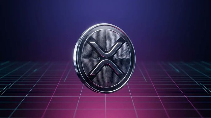 A metallic coin with a 'X' logo on its top side in the center of the frame. The background has different shades of purple from left to right, indicating the time might be late night or early morning. Below the coin, there is a short caption that reads "I just invested $10,000 in XRP Was that the right move?".