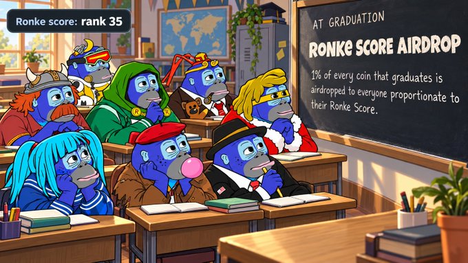 A classroom of blue cartoon apes sits at desks while a chalkboard announces "AT GRADUATION RONKE SCORE AIRDROP: 1% of every coin that graduates is airdropped to everyone proportionate to their Ronke Score," with a badge in the corner showing "Ronke score: rank 35," visually illustrating the post's appreciation for the Ronke Score loyalty rewards system on Pump.fun.