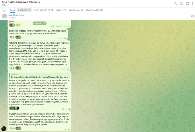 The image shows a Telegram group called "Temiz Trade by KriptoLevent-Baharlarya" with 256 members, displaying messages from "LYNETİK" discussing CME (Chicago Mercantile Exchange) futures positions and kriptopara (cryptocurrency) trading strategies. The conversation references specific figures like "11.008" and "11.005" regarding BTC short positions, illustrating the type of detailed trading analysis and shared market experiences the post highlights.