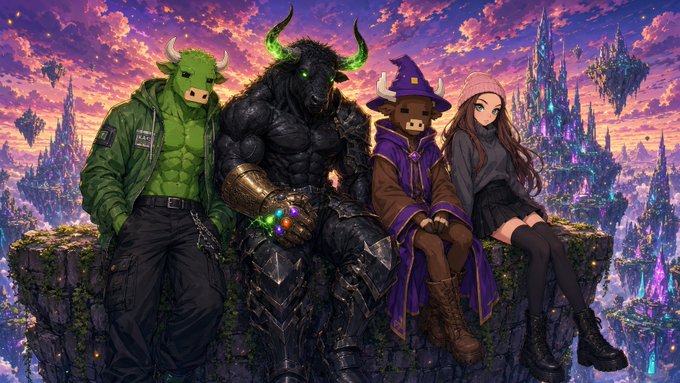 An anime-style illustration of four characters sitting on a cliff overlooking a fantasy landscape, including a green muscular figure, an armored bull-headed character with an Infinity Gauntlet, a wizard, and a girl in a beanie.