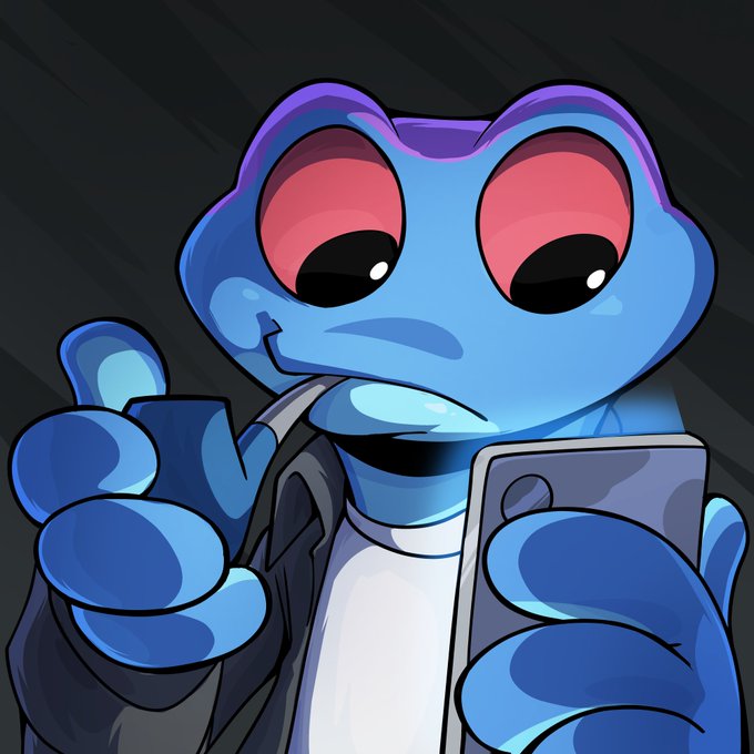 A digital illustration of a blue frog-like character with large pink/red eyes, wearing a dark jacket over a white shirt, giving a thumbs-up while holding a smartphone.